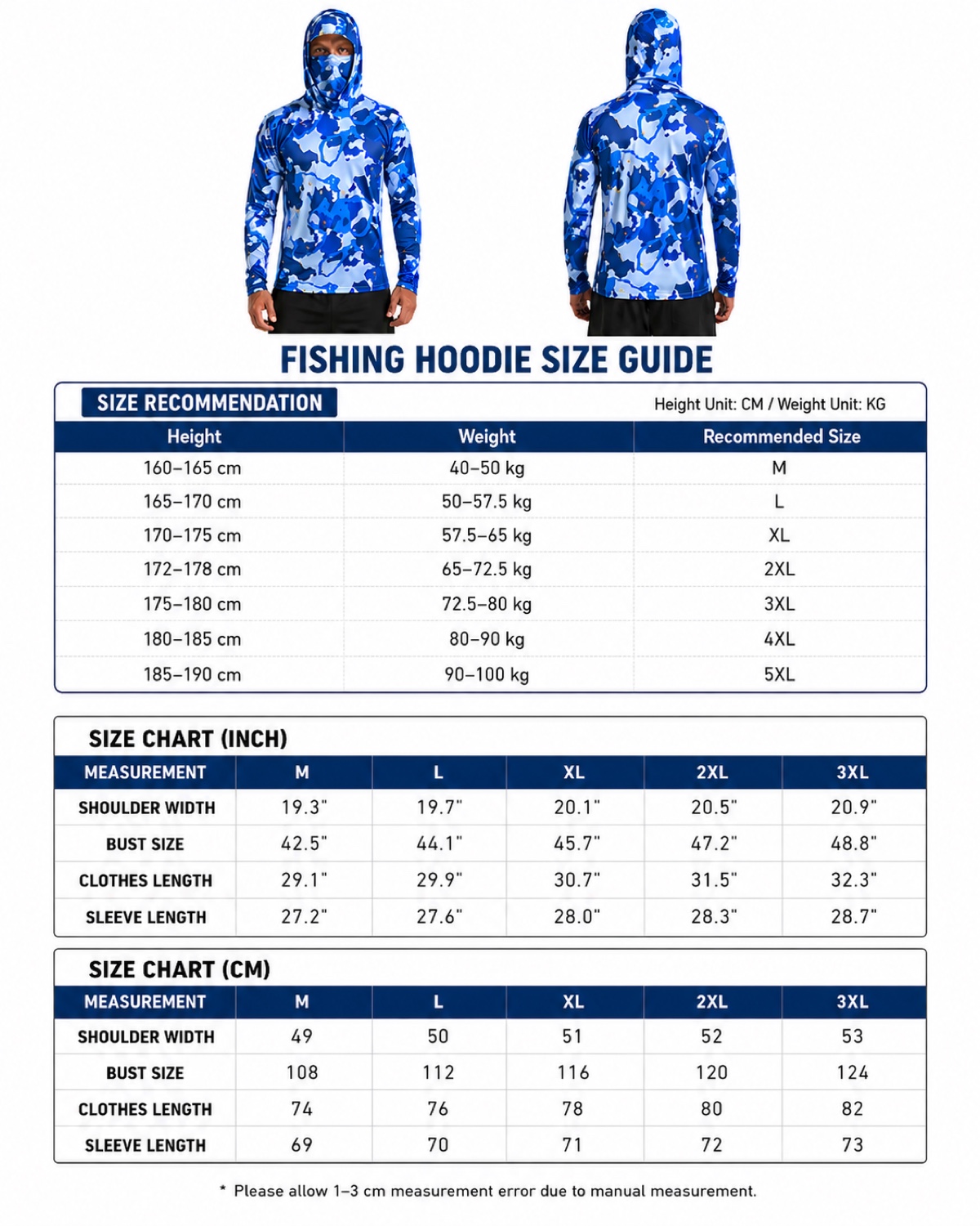 FinStrike Fishing Hoodie size guide — height/weight, inch and cm charts